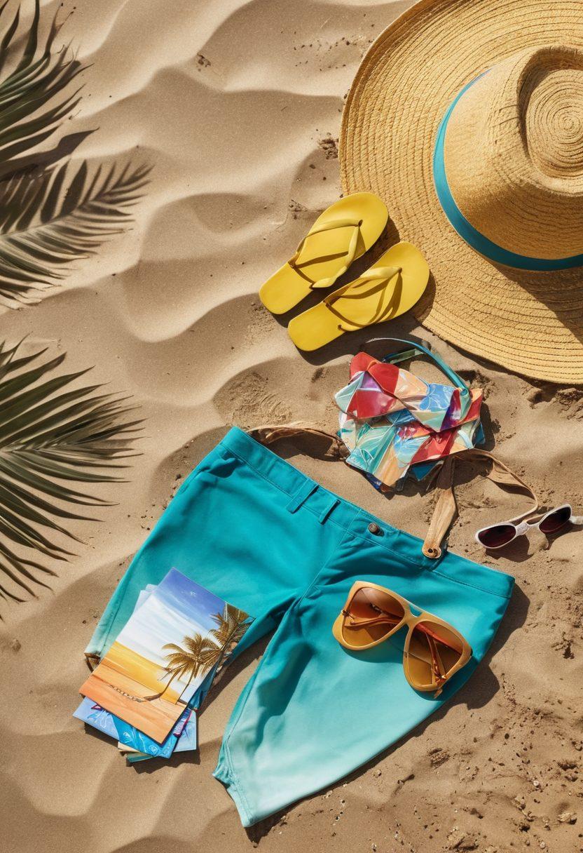A sun-soaked beach scene with vibrant summer outfits displayed on an elegant wooden rack, various stylish accessories like sunglasses, hats, and sandals scattered about. Include a beach bag overflowing with colorful swimsuits and a wallet at the side showcasing cards and cash, symbolizing effortless payments. The backdrop features golden sand and turquoise waves, capturing a relaxed summer vibe. tropical, vibrant colors, super-realistic.