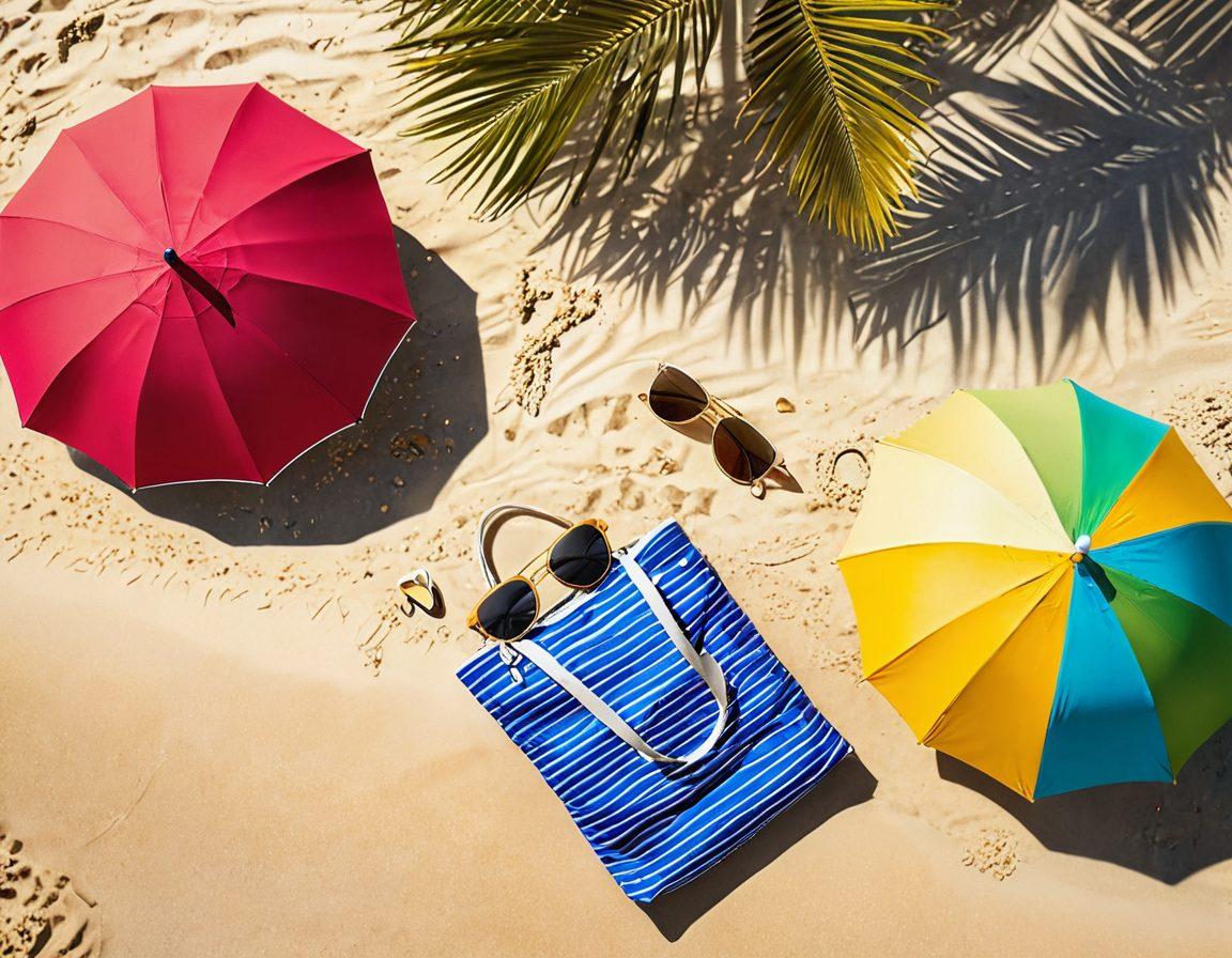 An inviting beach scene featuring an array of stylish bikinis hung on colorful beach umbrellas, with a sun-soaked sandy shore in the background. Include playful beach accessories like sunglasses and flip-flops scattered around, and a trendy beach bag containing a smartphone displaying a budgeting app. Bright, refreshing colors with a warm summer sun setting in the distance. vibrant colors. beach illustration. super-realistic.